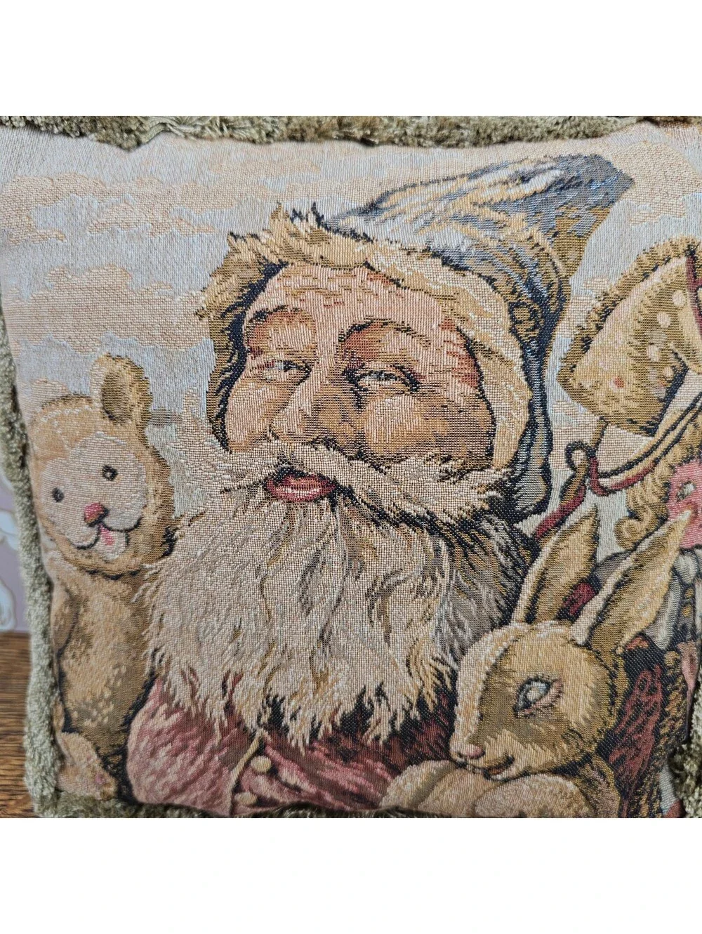Vintage Old World Santa Tapestry Pillow Bunny Teddy Bear Horse Christmas